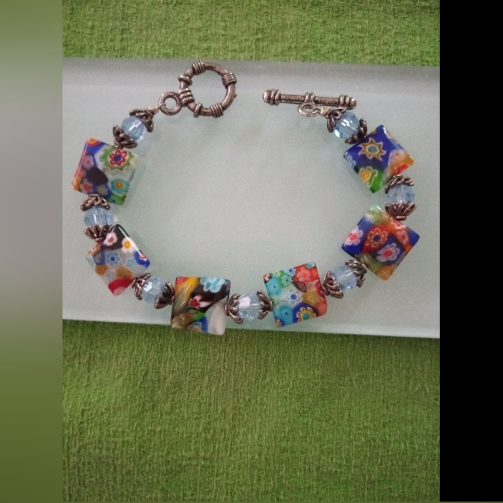 6" Multi-colored Floral Beaded Bracelet Handcrafted, Millirioro Glass
